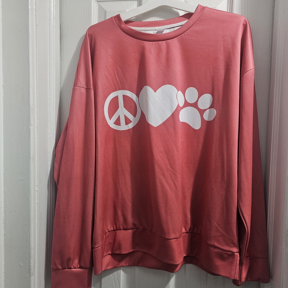 Pink Graphic Sweatshirt with Peace, Love, Paw Print